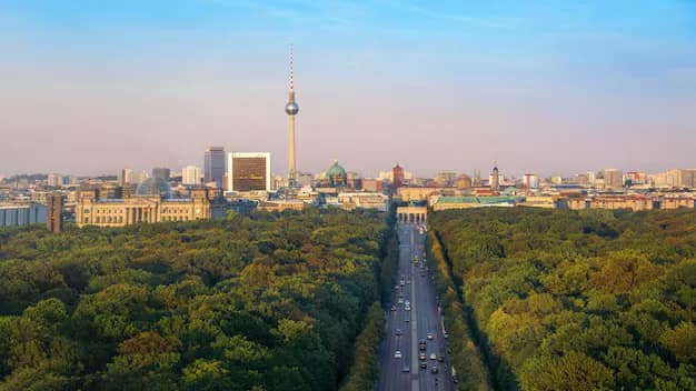 Aerial view of the Berlin cityscape with the River Spree and landmark buildings