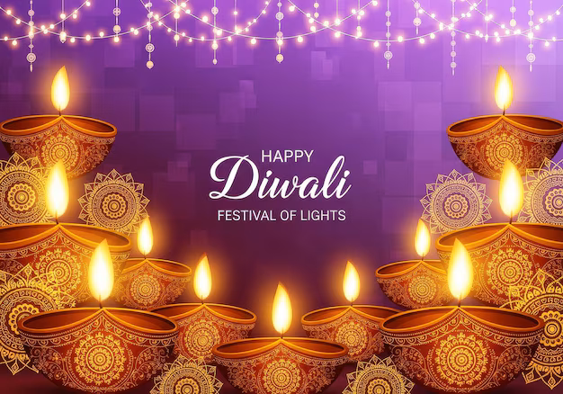 Diwali festival of lights with glowing diyas