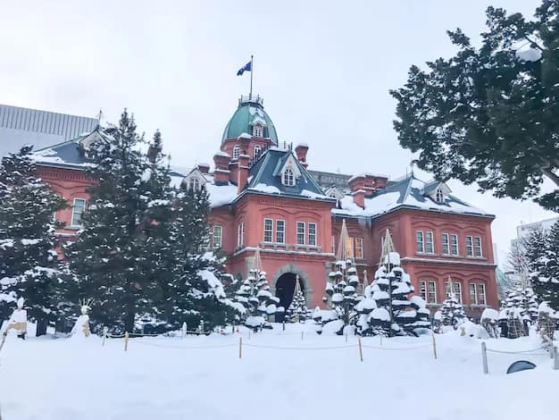 The red-brick former Hokkaido Government Office building in central Sapporo with landscaped gardens