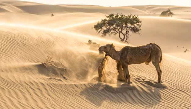 A camel in the Dubai desert at golden hour, UAE