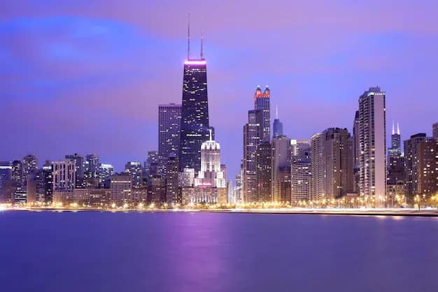 Chicago downtown skyline with skyscrapers beside Lake Michigan at dusk