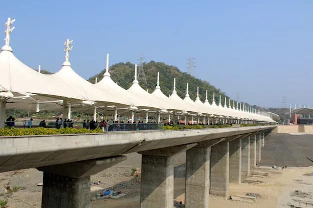 The Statue of Unity at Kevadia, seen from the bridge in front of it
