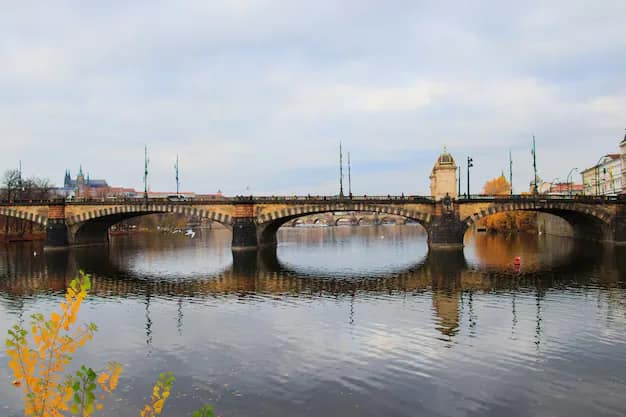 View of Charles Bridge over the Vltava river with Prague Castle in the background on a clear day