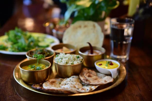 Indian vegetarian thali served on a wooden table