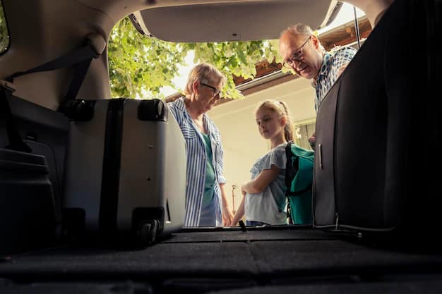 A senior couple loading luggage with their granddaughter before a trip