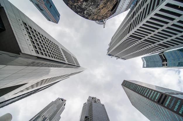 Singapore financial-district skyscrapers from below