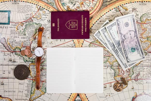 Passport, currency and notepad on a world map — ready to travel