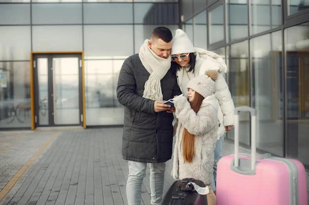 A family checking their passports with their luggage before travelling