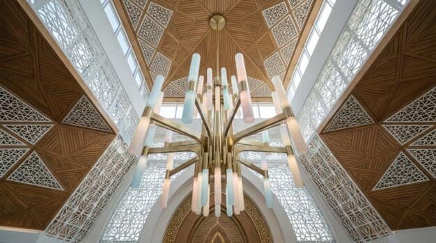 Ornate Islamic architecture with a grand chandelier