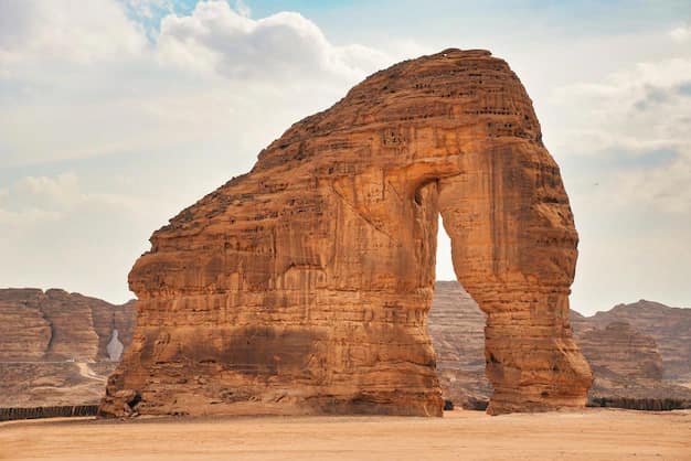 Jabal AlFil, the Elephant Rock sandstone formation in the desert near AlUla, Saudi Arabia