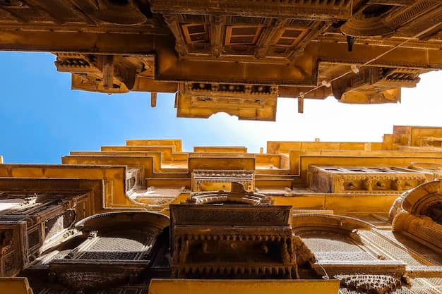 Carved sandstone balconies of Patwon ki Haveli in Jaisalmer, Rajasthan