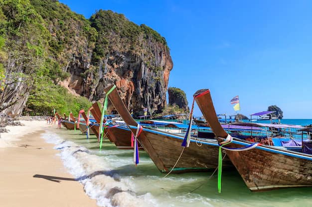 Aerial view of Phra Nang Beach and its limestone karsts, Krabi, Thailand