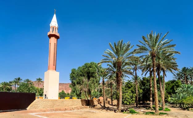 A traditional mosque among palm trees under a clear sky