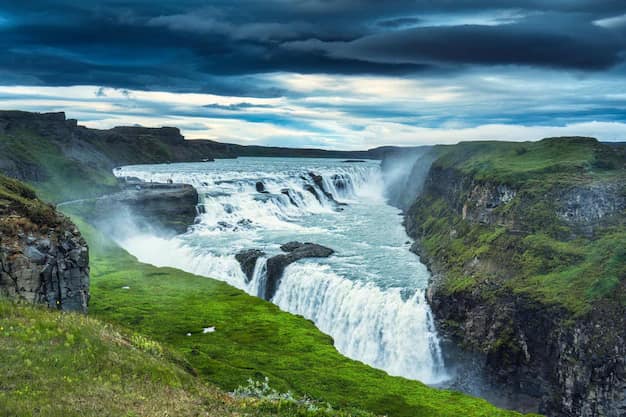 Gullfoss waterfall, a famous two-tiered landmark in Iceland, with glacial water thundering into a canyon