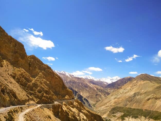 The highway winding through the barren mountains of Spiti Valley, Himachal Pradesh