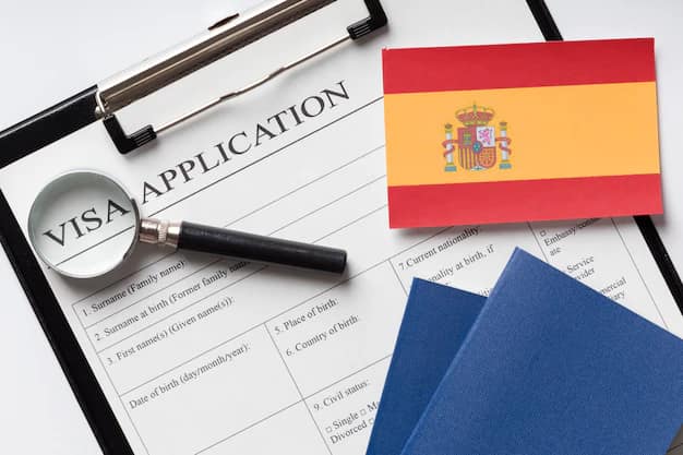 Visa application documents with a Spanish flag