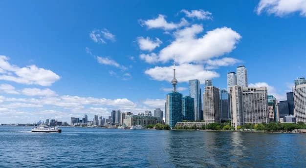 Toronto skyline with the CN Tower rising above Lake Ontario under a clear blue sky