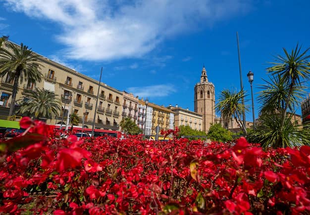Plaza de la Reina and Valencia Cathedral bell tower glowing in the evening light